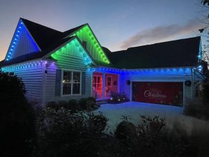 Colorful Christmas lights on house